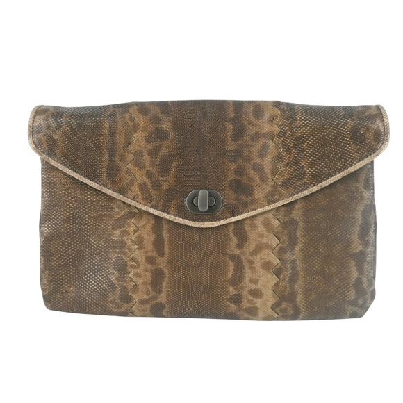 Bottega Veneta Brown Lizard Leather Envelope Clutch - Picture 1 of 16